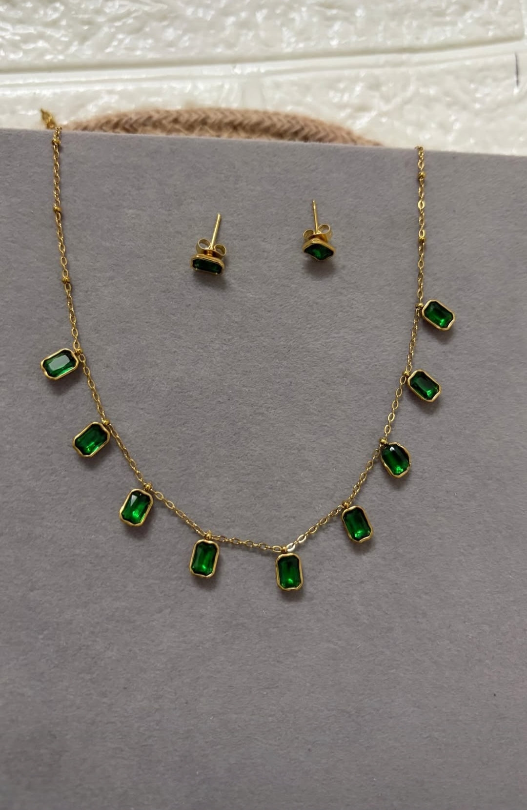 Emerald Drop Charm Necklace Set/18 carat gold plated/ Anti tarnish