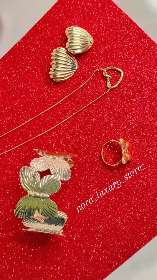 Elegant Gold-Finish 4-Piece Jewellery Combo Set – Necklace Chain, Earrings, Hand Cuff & Ring