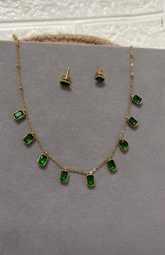 Emerald Drop Charm Necklace Set/18 carat gold plated/ Anti tarnish