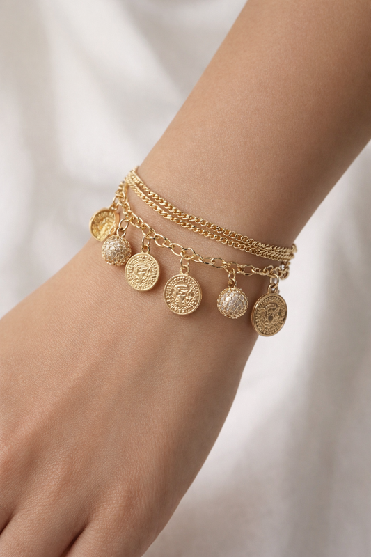 Golden Coin Charm Bracelet – Anti-Tarnish Luxury Layered Bracelet