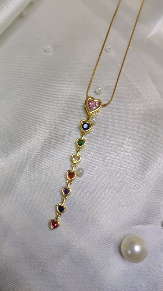 Drop Heart chain with multicolour stones/Anti TARNISH/sweat proof/waterproof