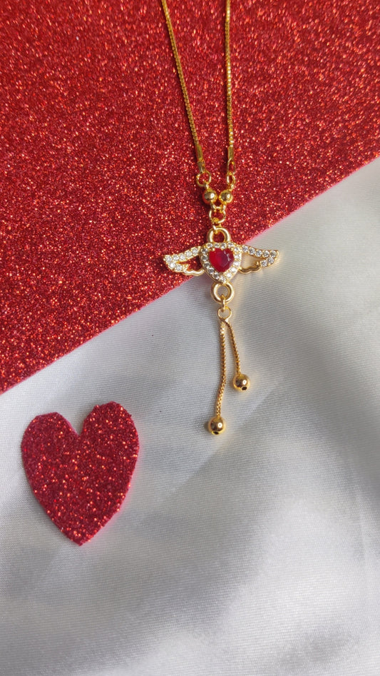 Golden Angel Heart Pendant Necklace with Red Stone
